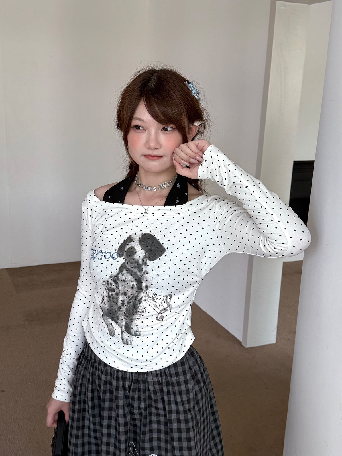 White Polka Dot Puppy Off-Shoulder Long Sleeve Top