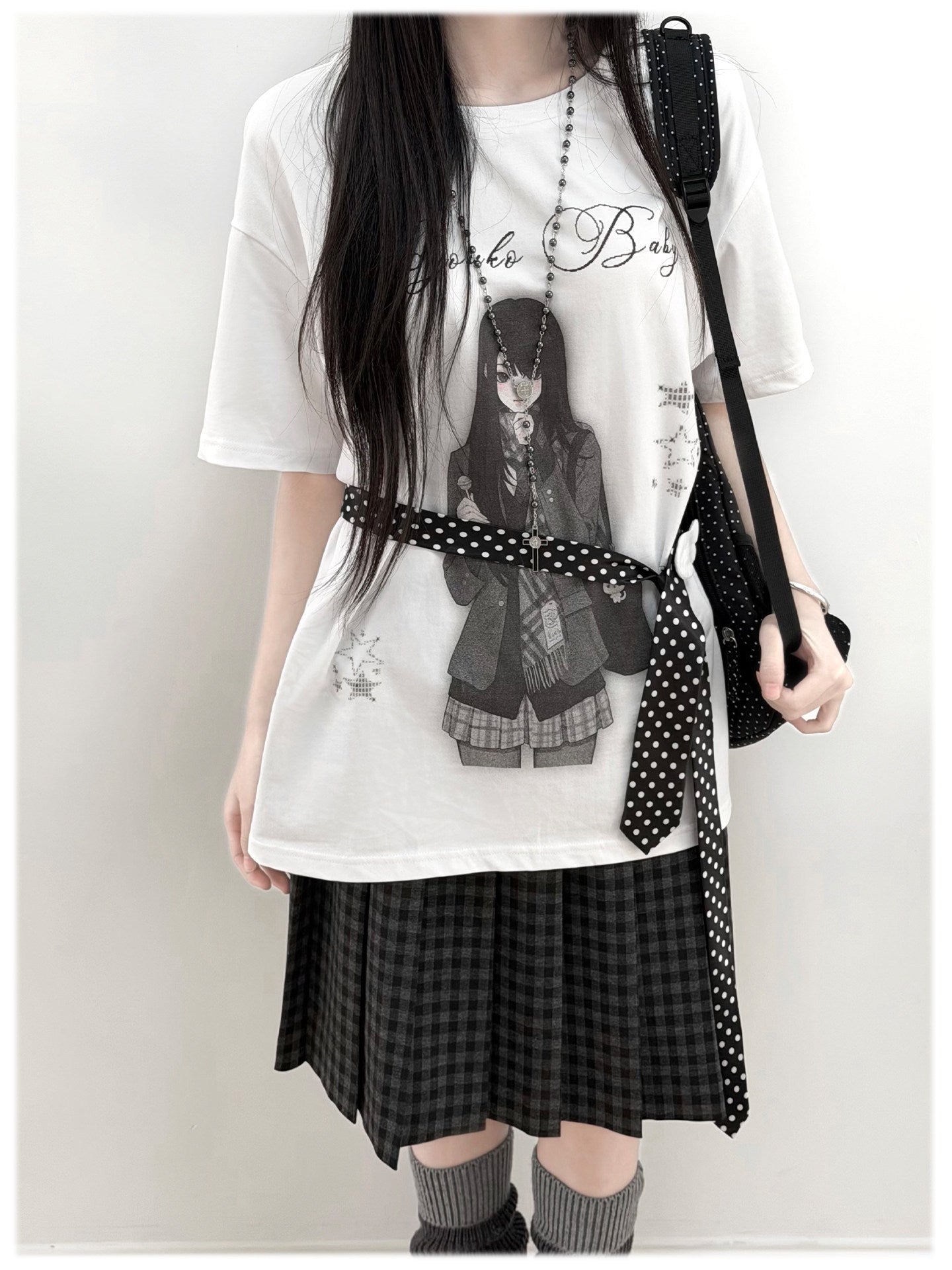 Room Doll Graphic Tee & Plaid Skirts