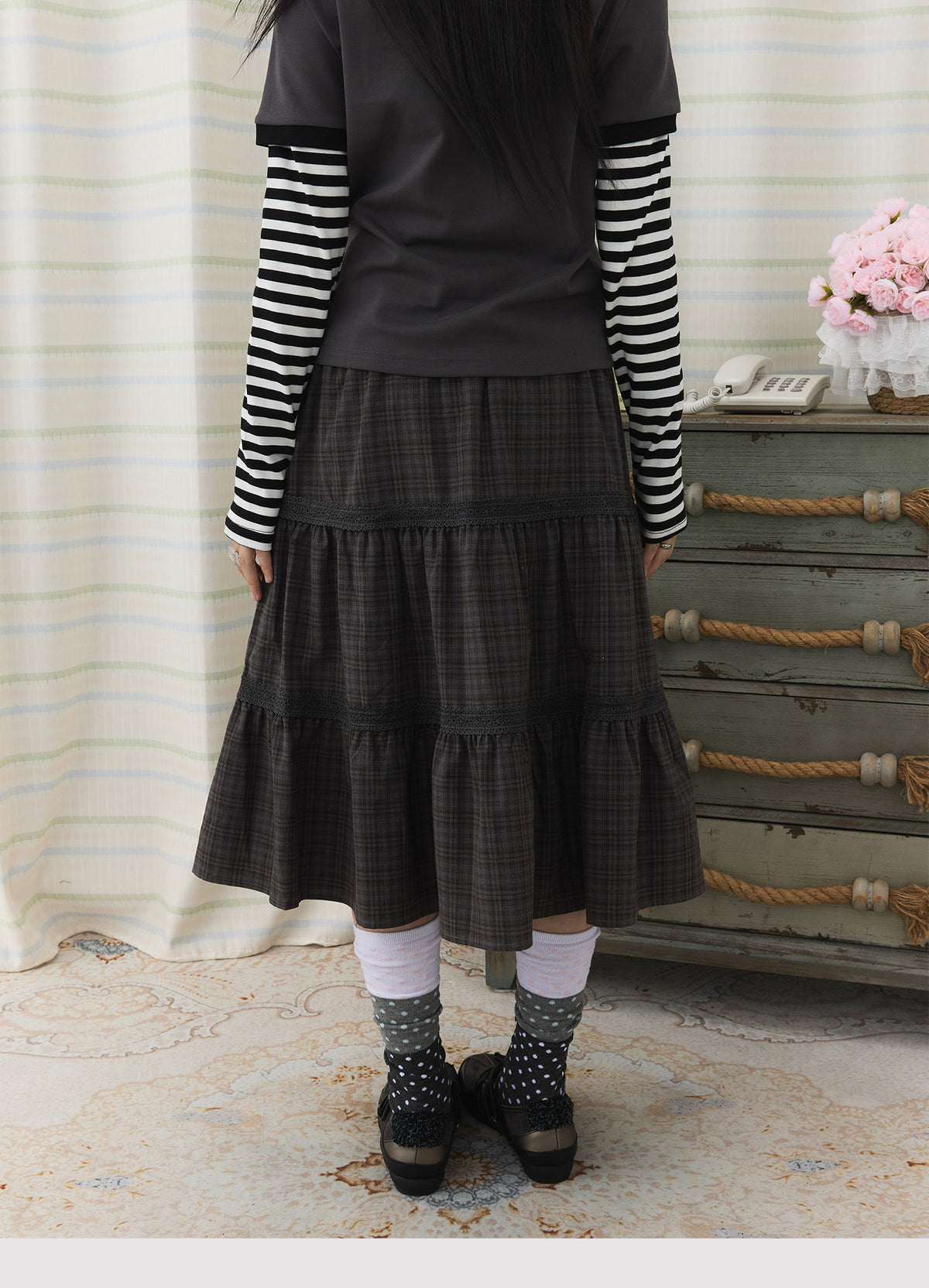 Plaid Tiered Lace Trim Midi Skirt
