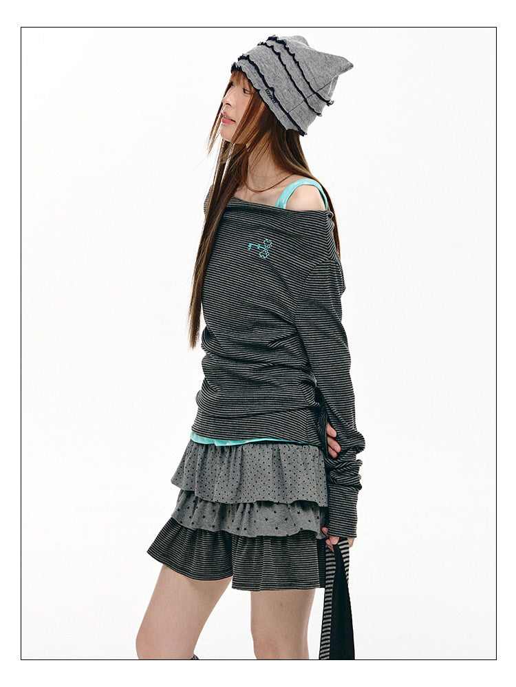 Charcoal Stripe Off-Shoulder Faux-Layer Long Sleeve Top