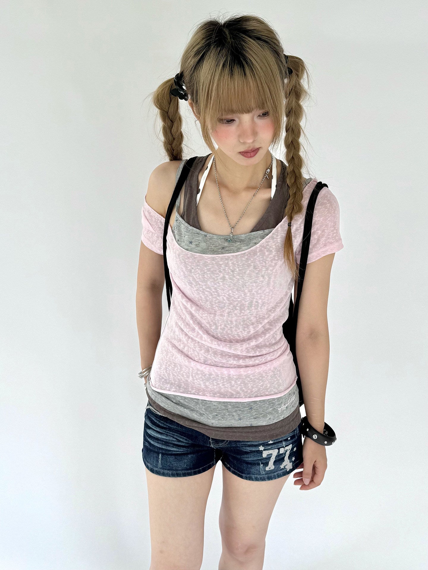 Pink Gray Triple-Layer Fitted Tee