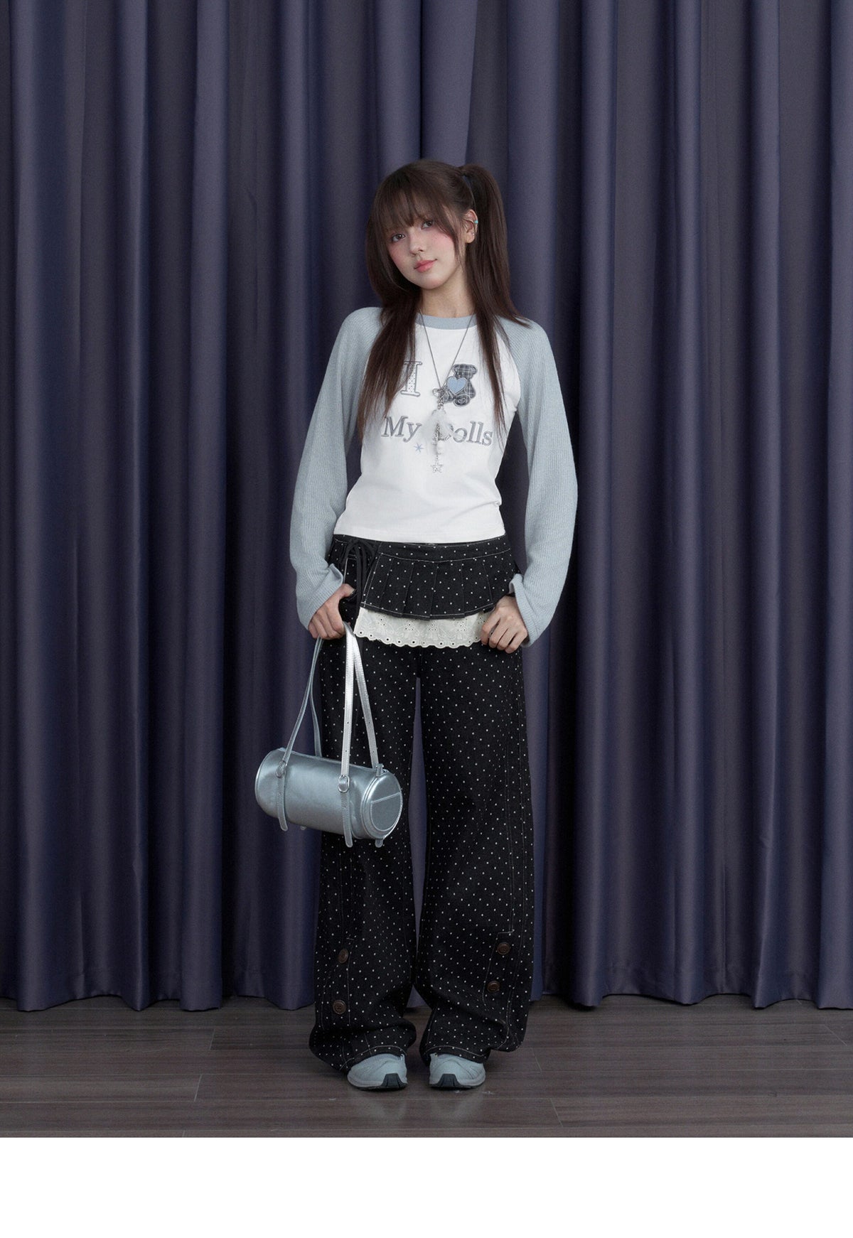 Polka Dot Wide-Leg Jeans & Detachable Lace Layering Skirt