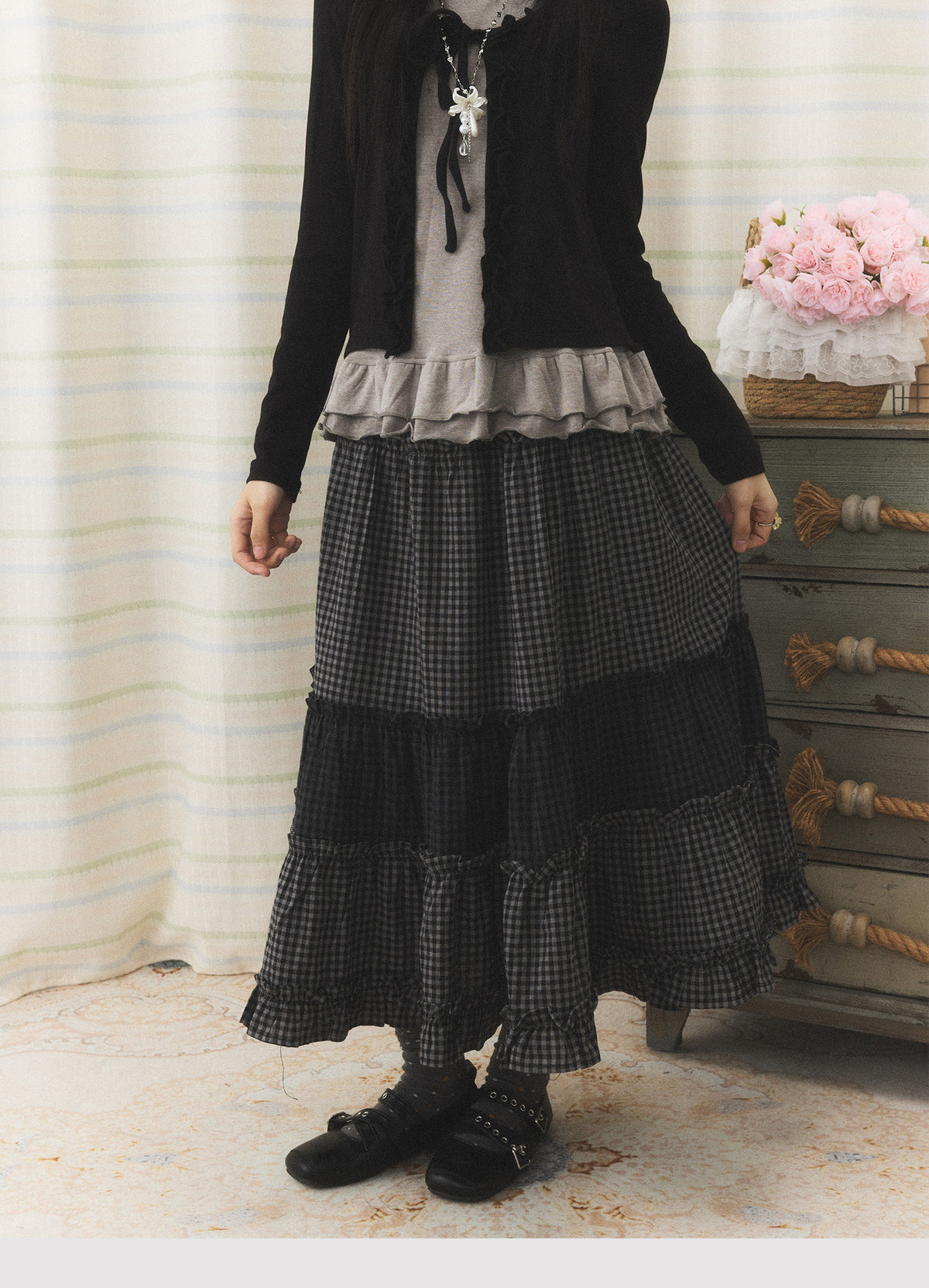 Mixed Plaid Tiered Ruffle Midi Skirt