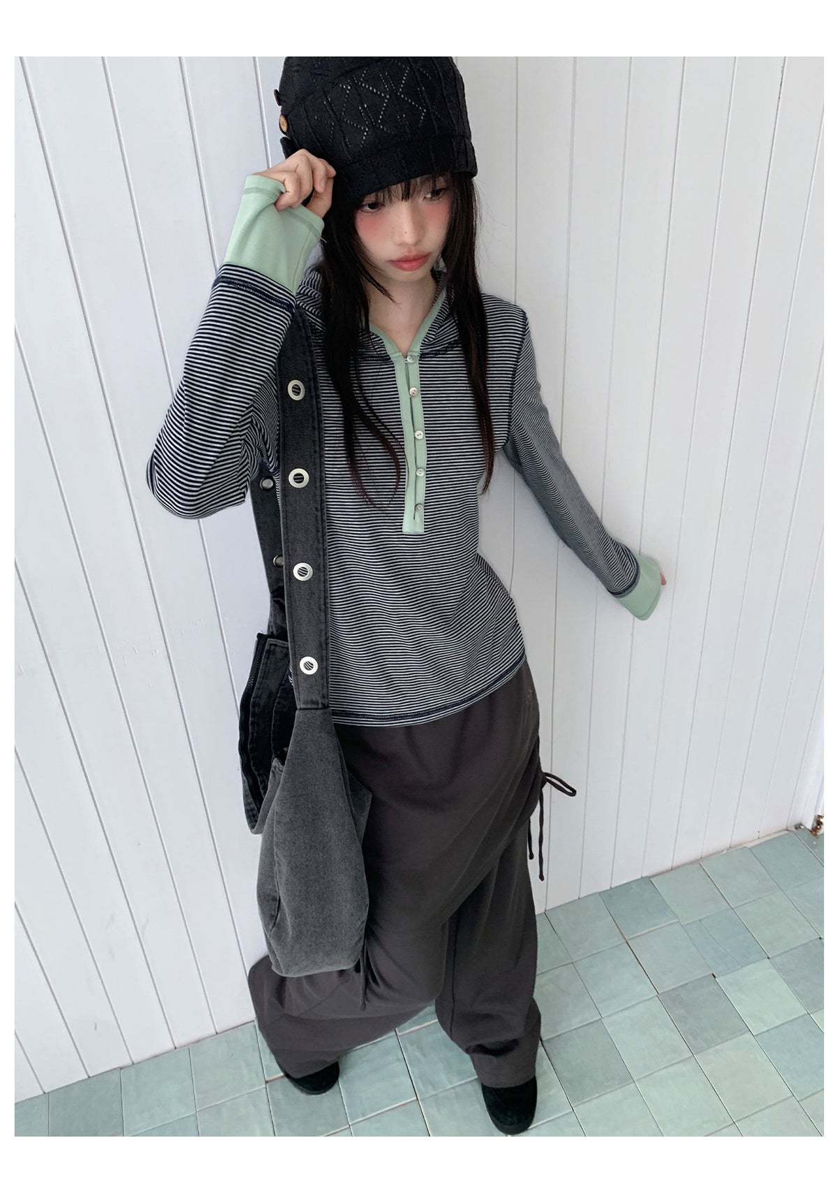 Blue-Gray Stripe Contrast Hooded Long Sleeve Top