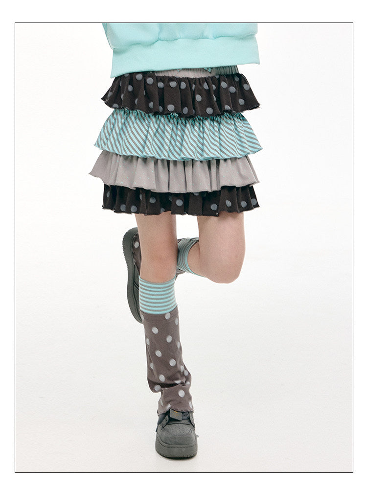 Gray Green Polka Dot & Stripe Tiered Mini Skirt