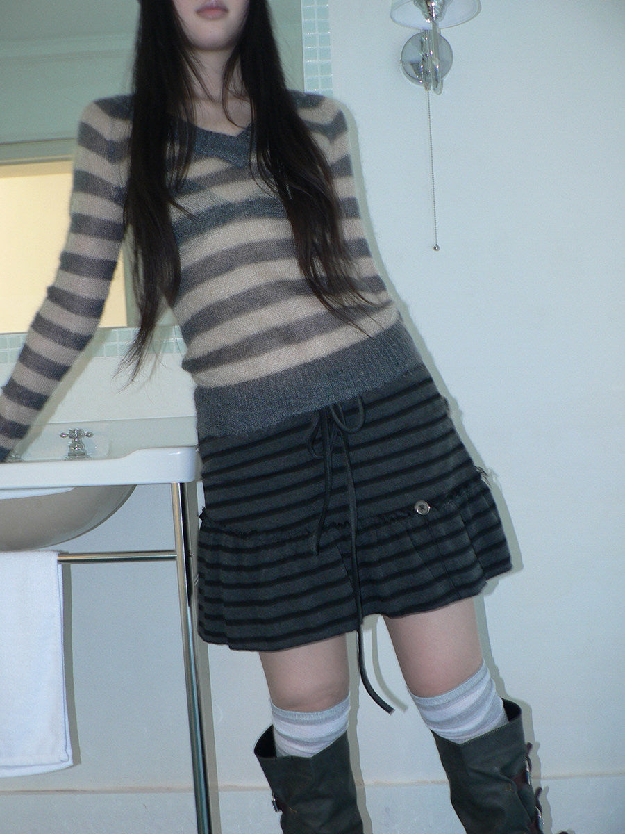 Striped Pleated Tie-Waist Mini Skirt