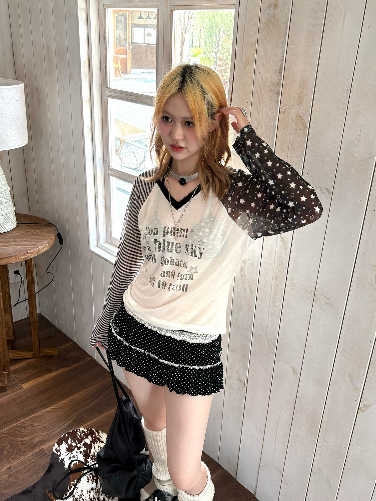 Star Mesh Stripe Contrast Lyocell Long Sleeve Top