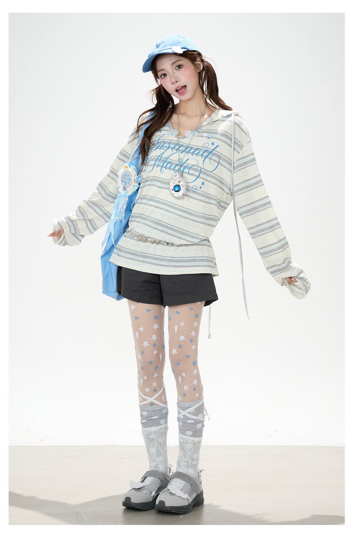Blue Striped Hooded Long Sleeve Top & Dark Gray Drawstring Shorts
