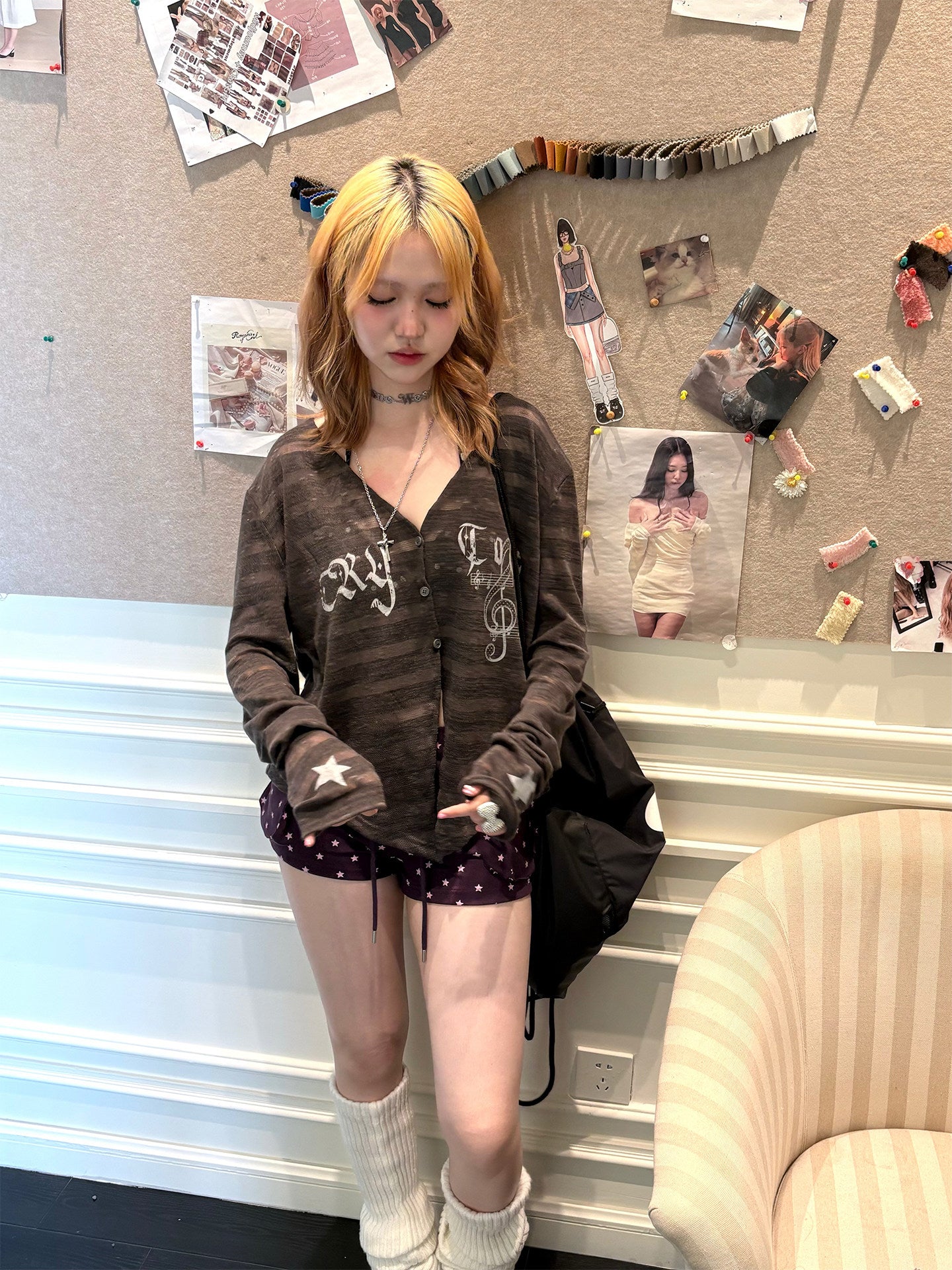 Smoky Brown Sheer Music Star Cardigan