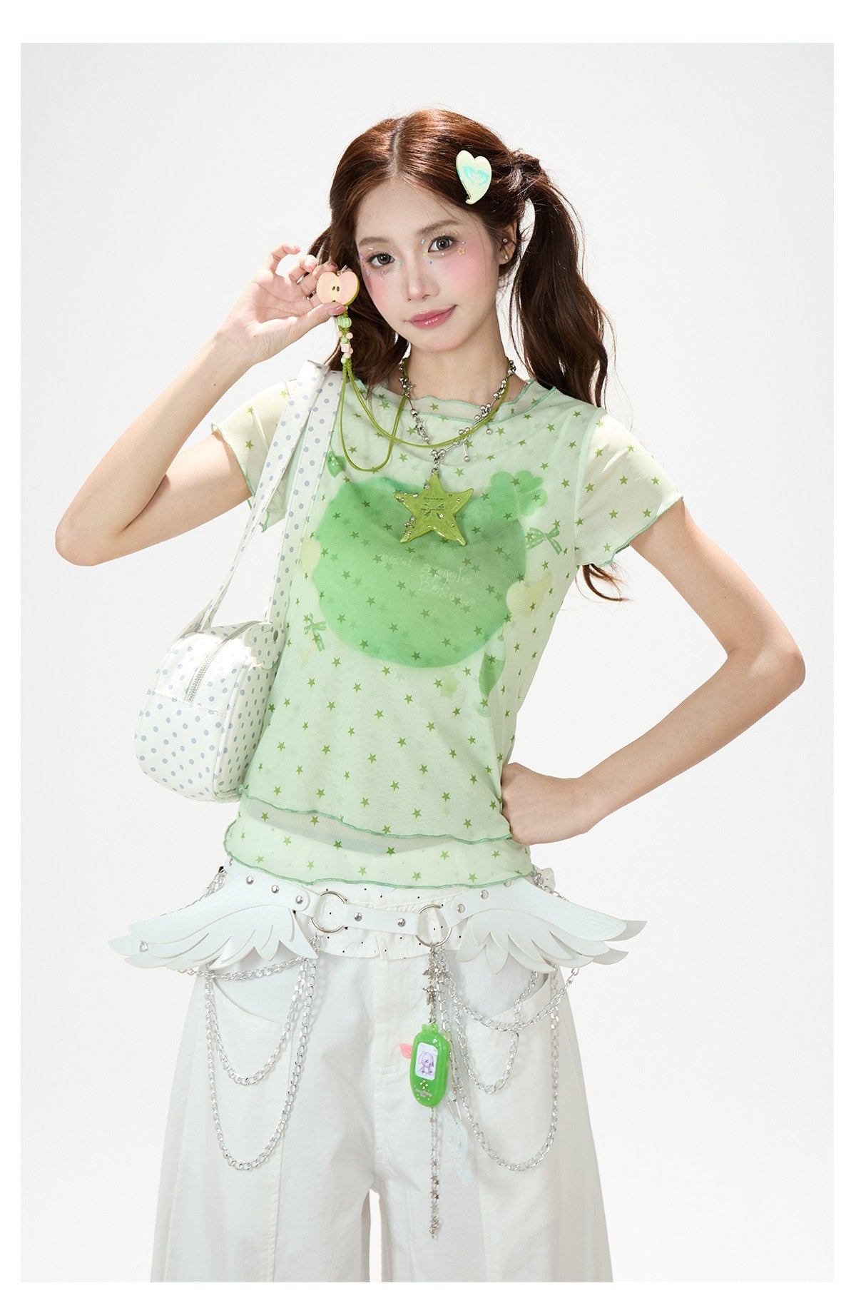 Star Mesh Baby Tee & White Wide-Leg Pants