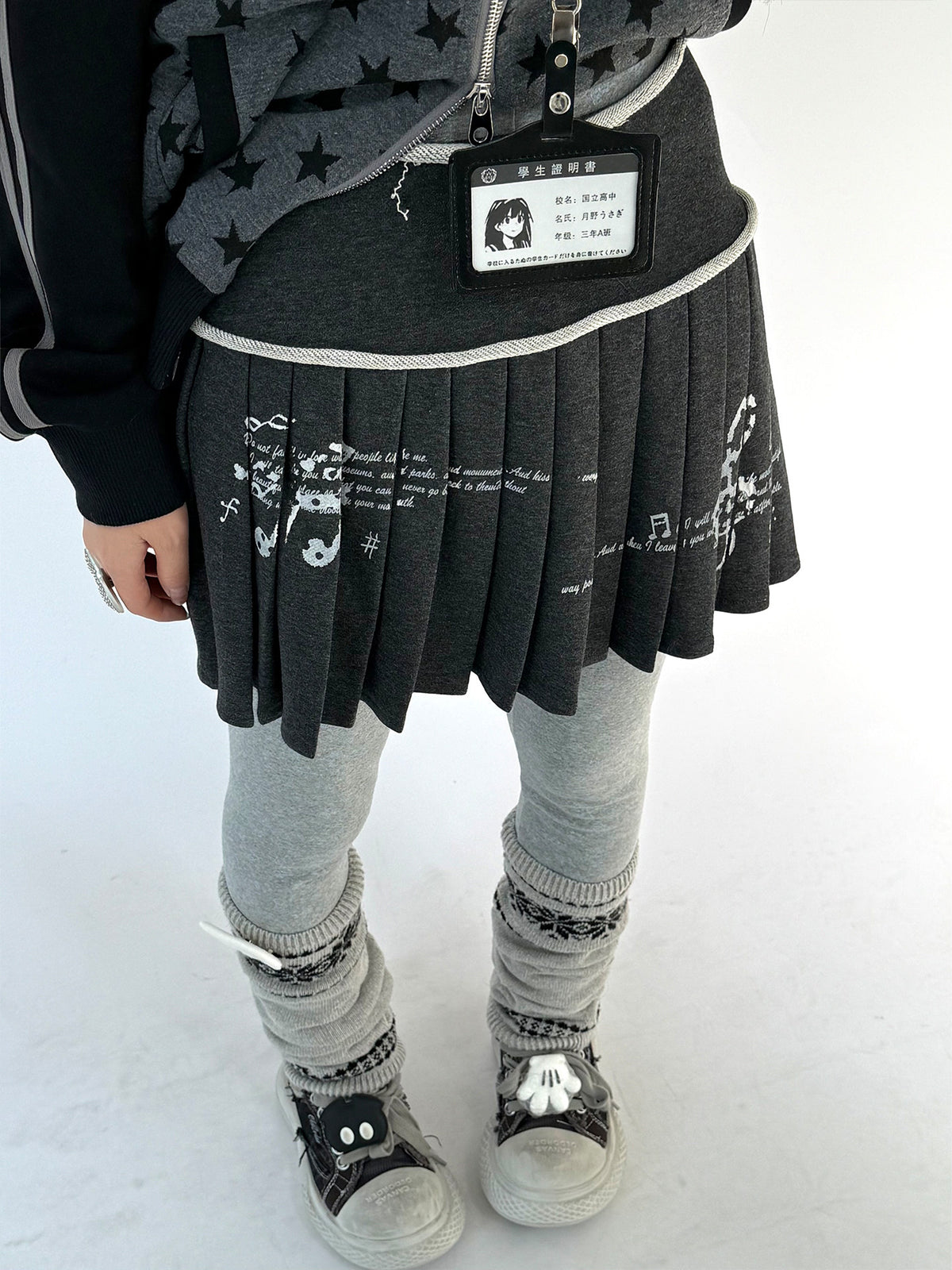Music Note Rolled-Waist Pleated Mini Skirt