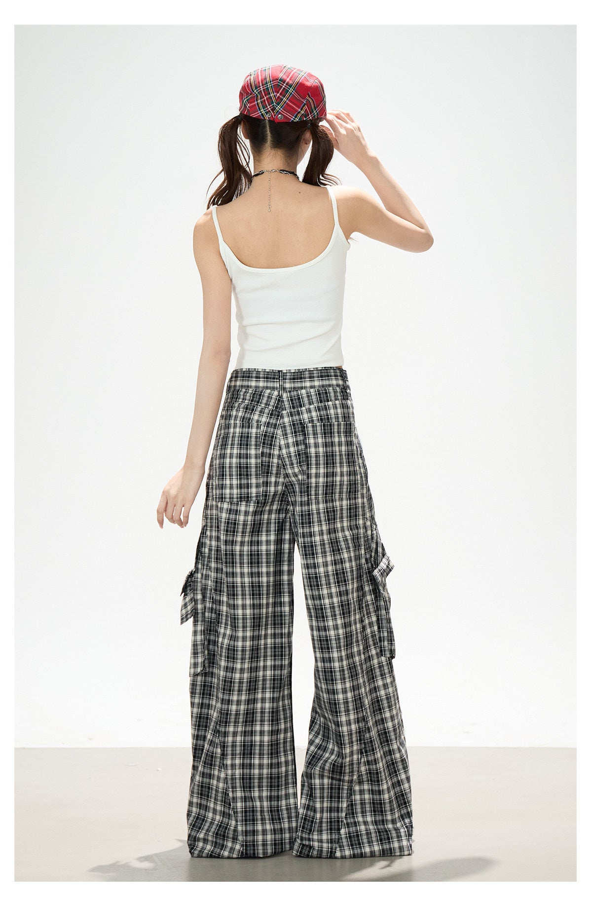 Bow Plaid Cargo Wide Leg Pants