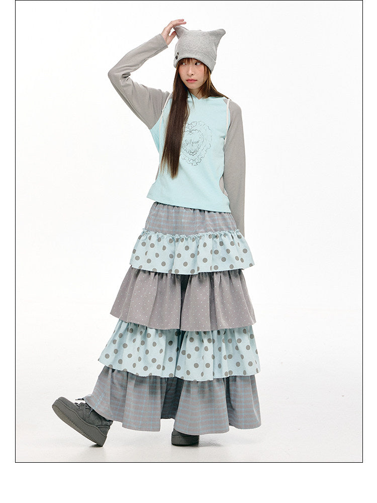 Gray-Blue Polka Dot Tiered Maxi Skirt
