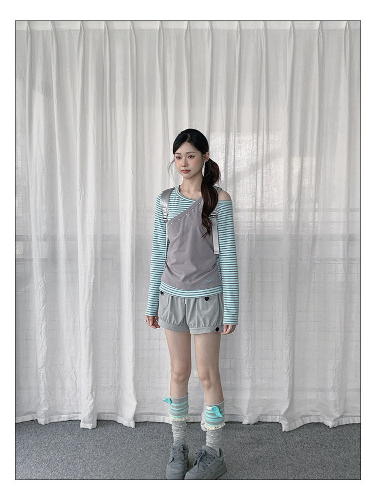 Gray Mint Stripe Asymmetric Faux-Layer Long Sleeve Top