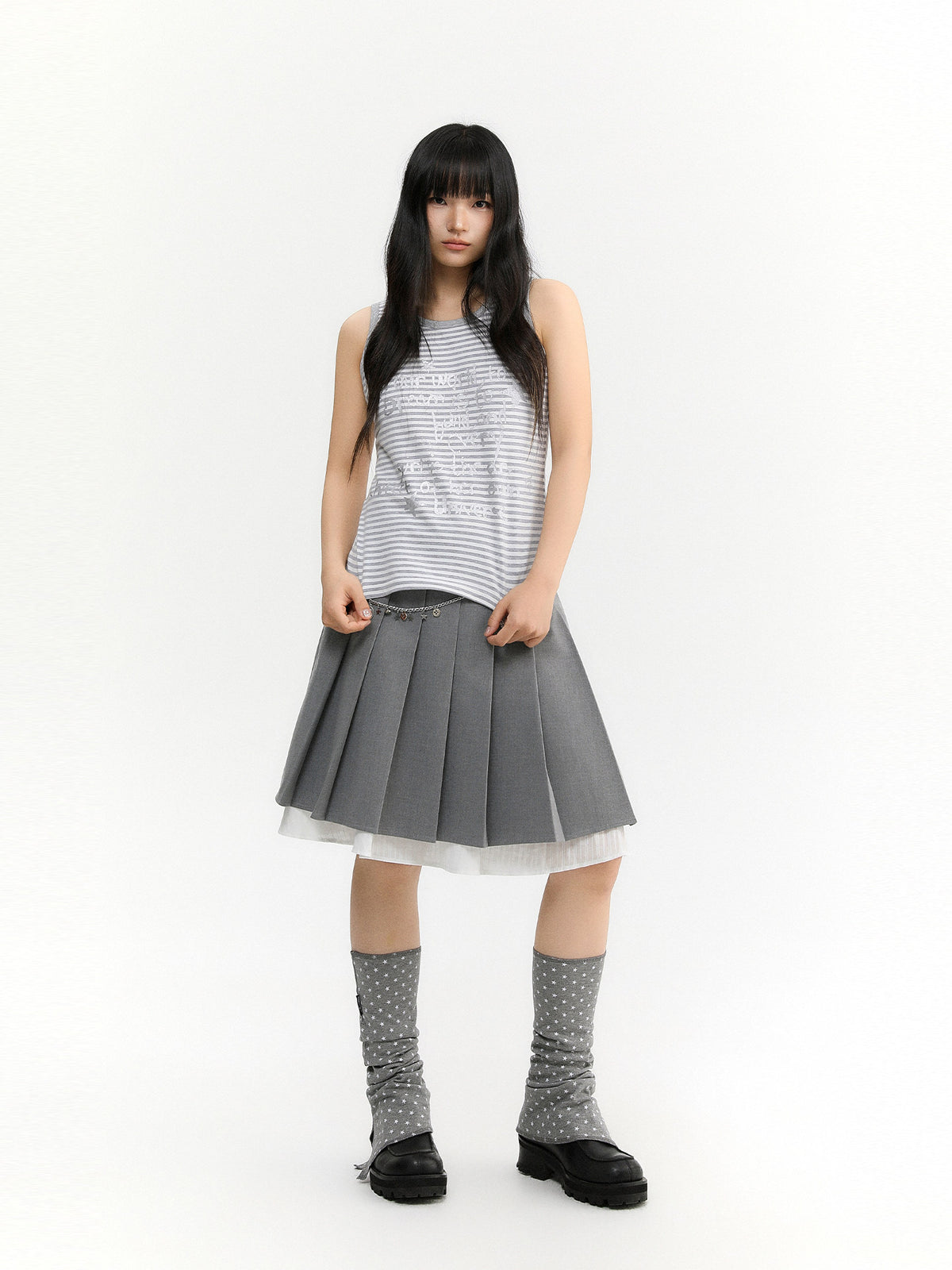 Layered Pleated Suit Midi Skirt