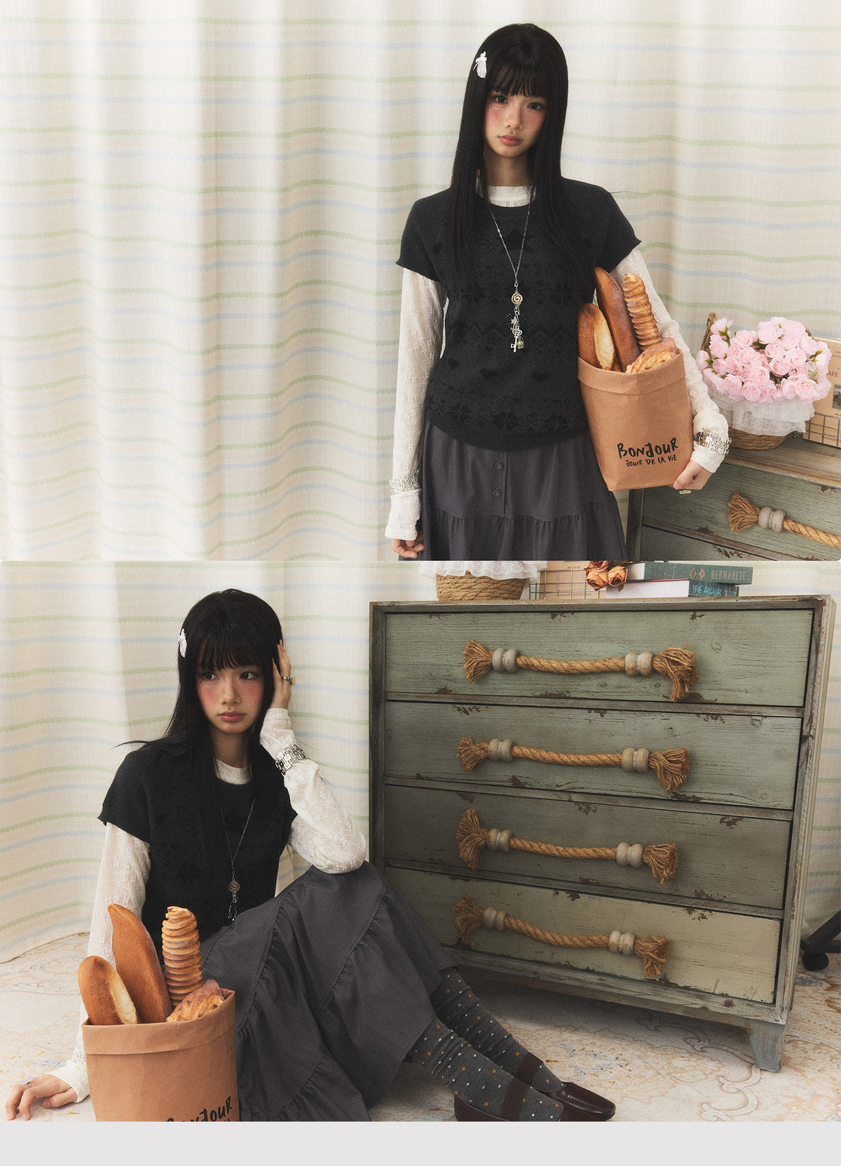 Floral Lace Long Sleeve & Jacquard Knit Short Sleeve Top