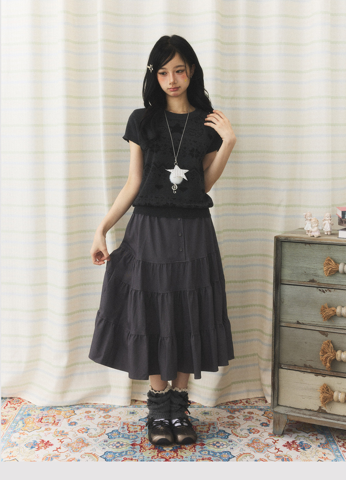 Charcoal Tiered Button Midi Skirt