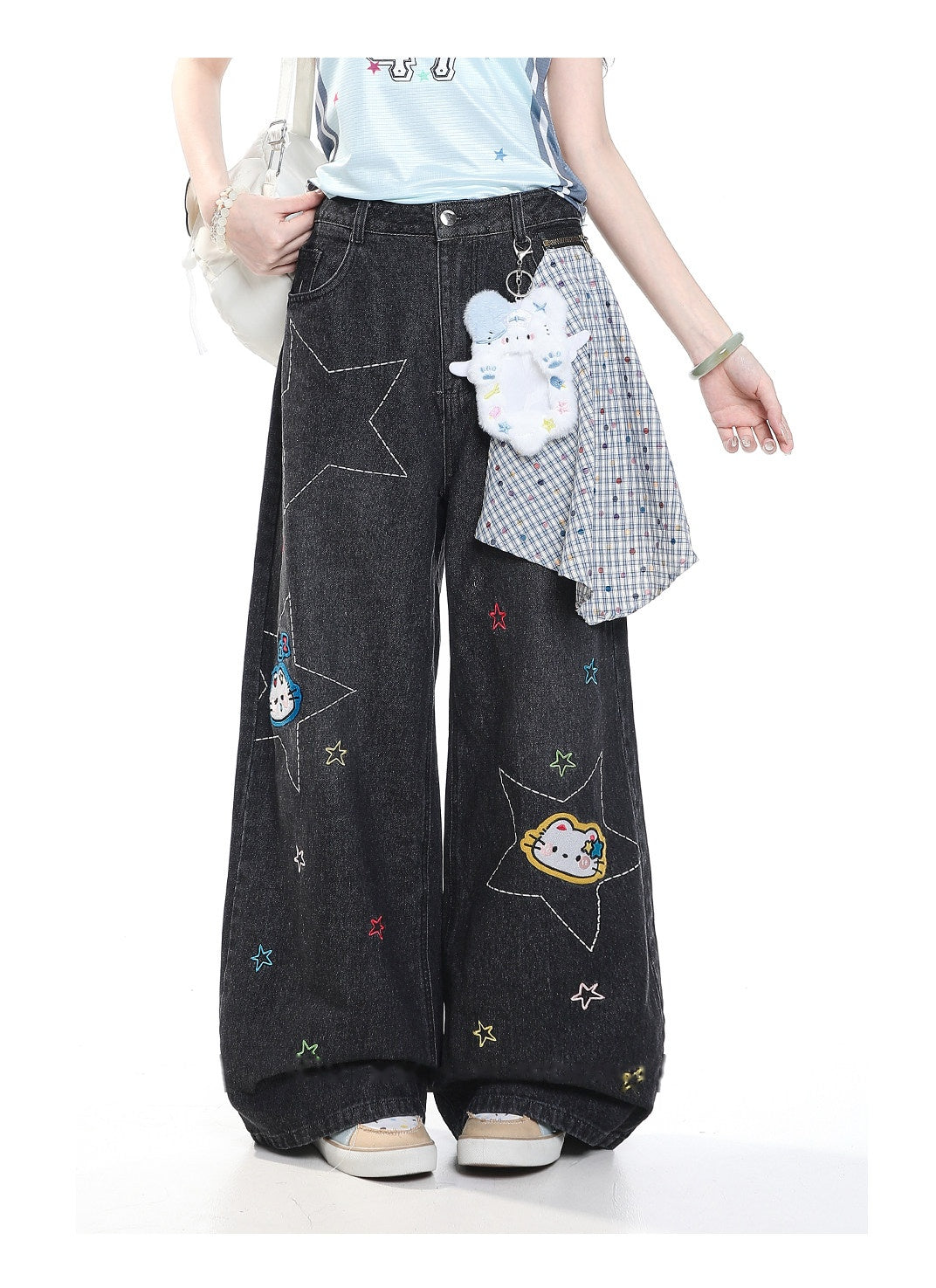 Star Kitty Embroidered Wide-Leg Jeans with Plush Charm