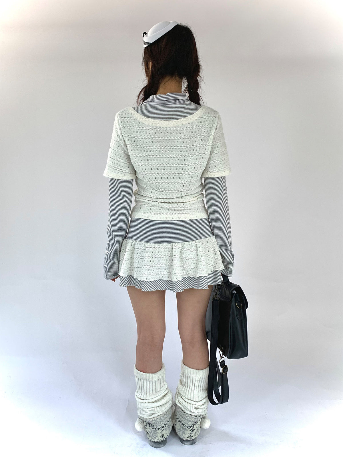 Milk Mist Lace & Stripe Faux-Layer Mini Dress
