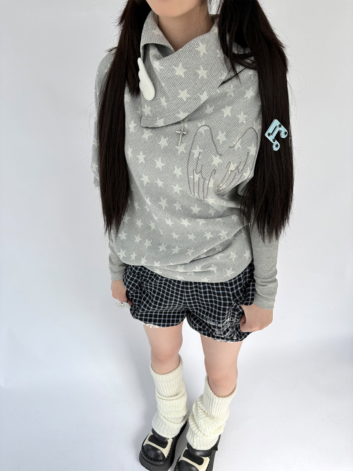 Asymmetric Star Drape Faux-Layer Long Sleeve Top