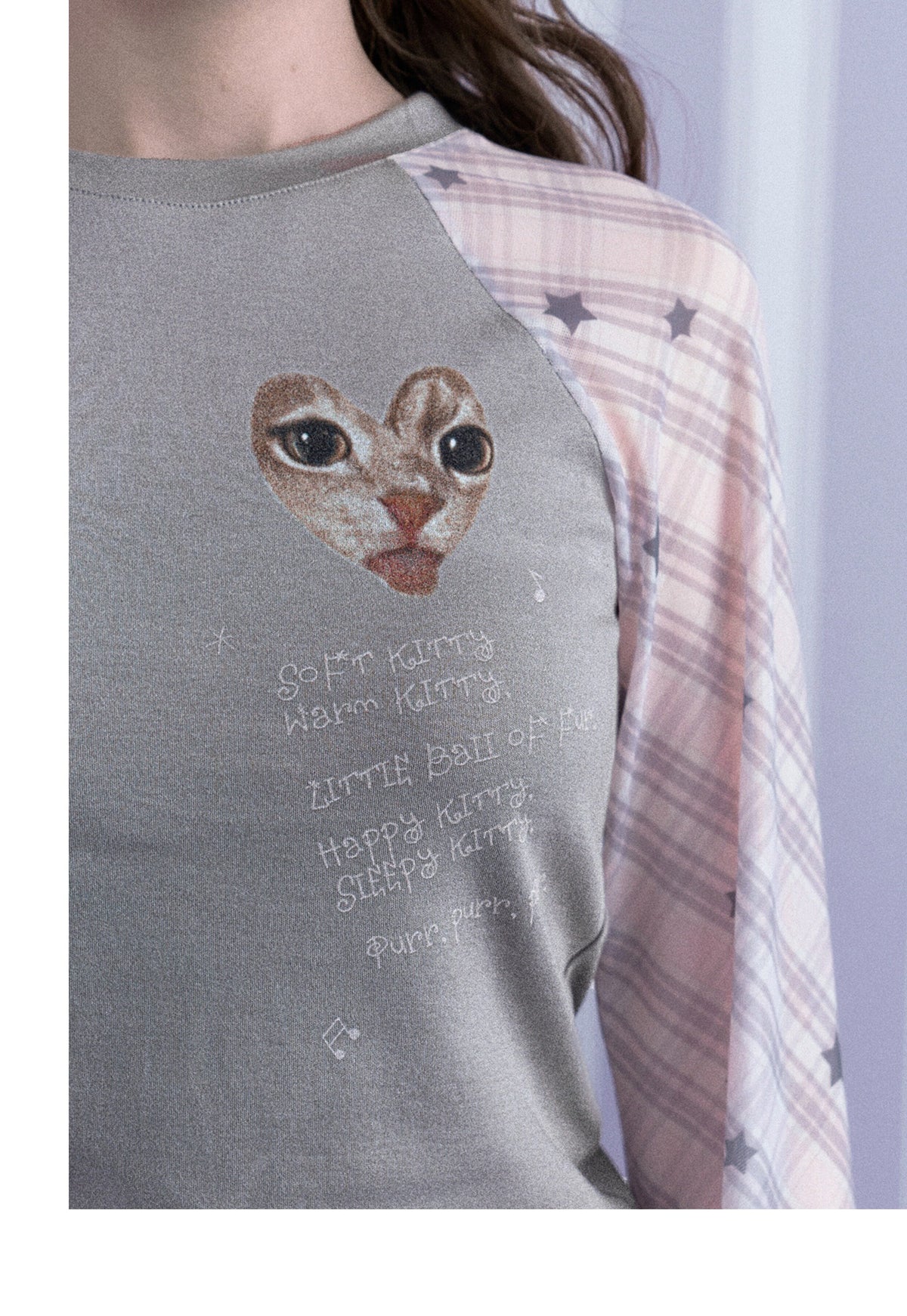 Gray-Pink Kitty Plaid Mesh Raglan Long-Sleeve Top