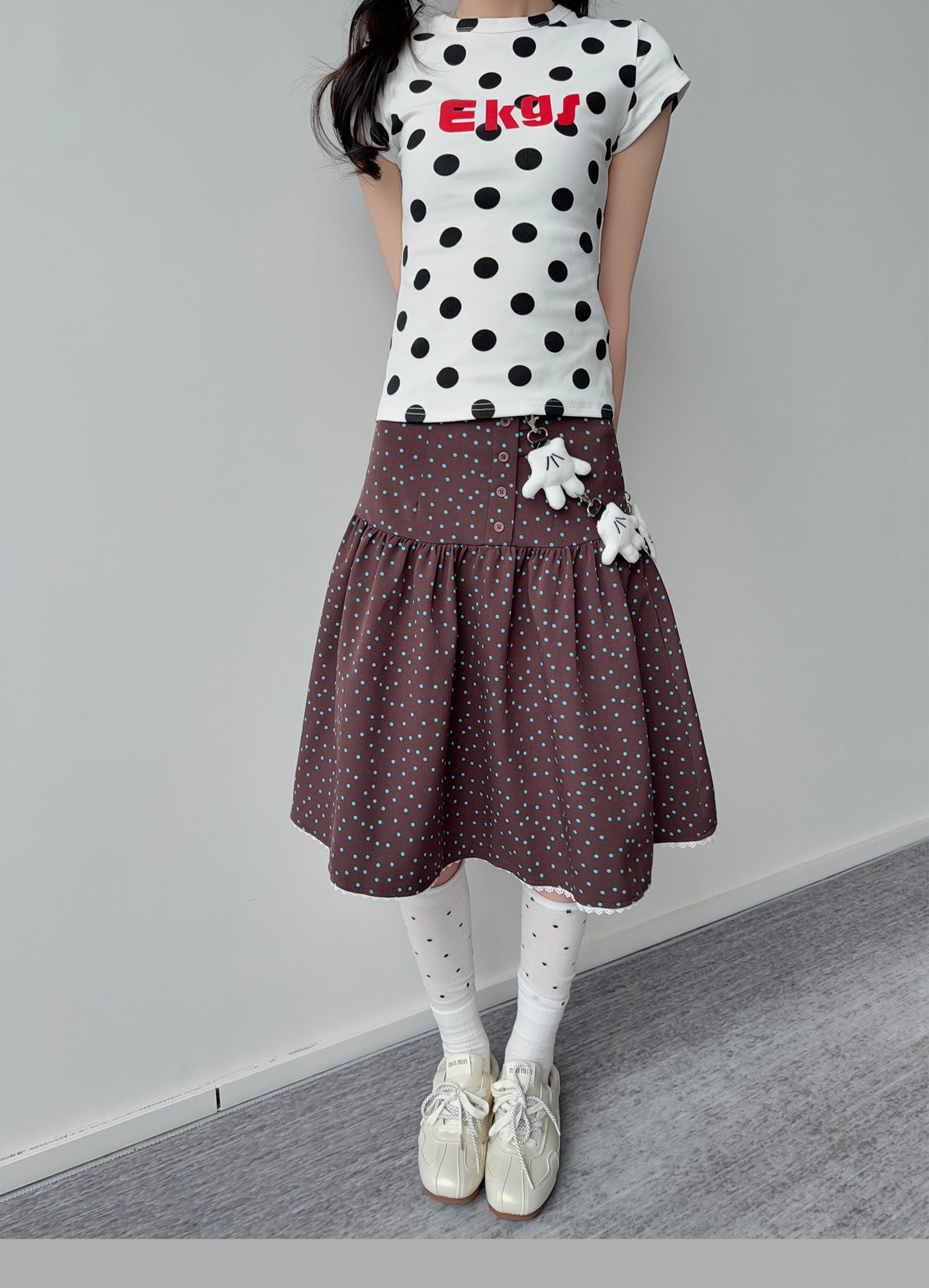 Polka Dot Button Tiered Midi Skirt