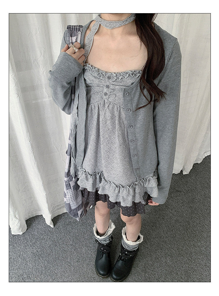 Ruffle Cami & Soft Cardigan Two-Piece Layered Top Set