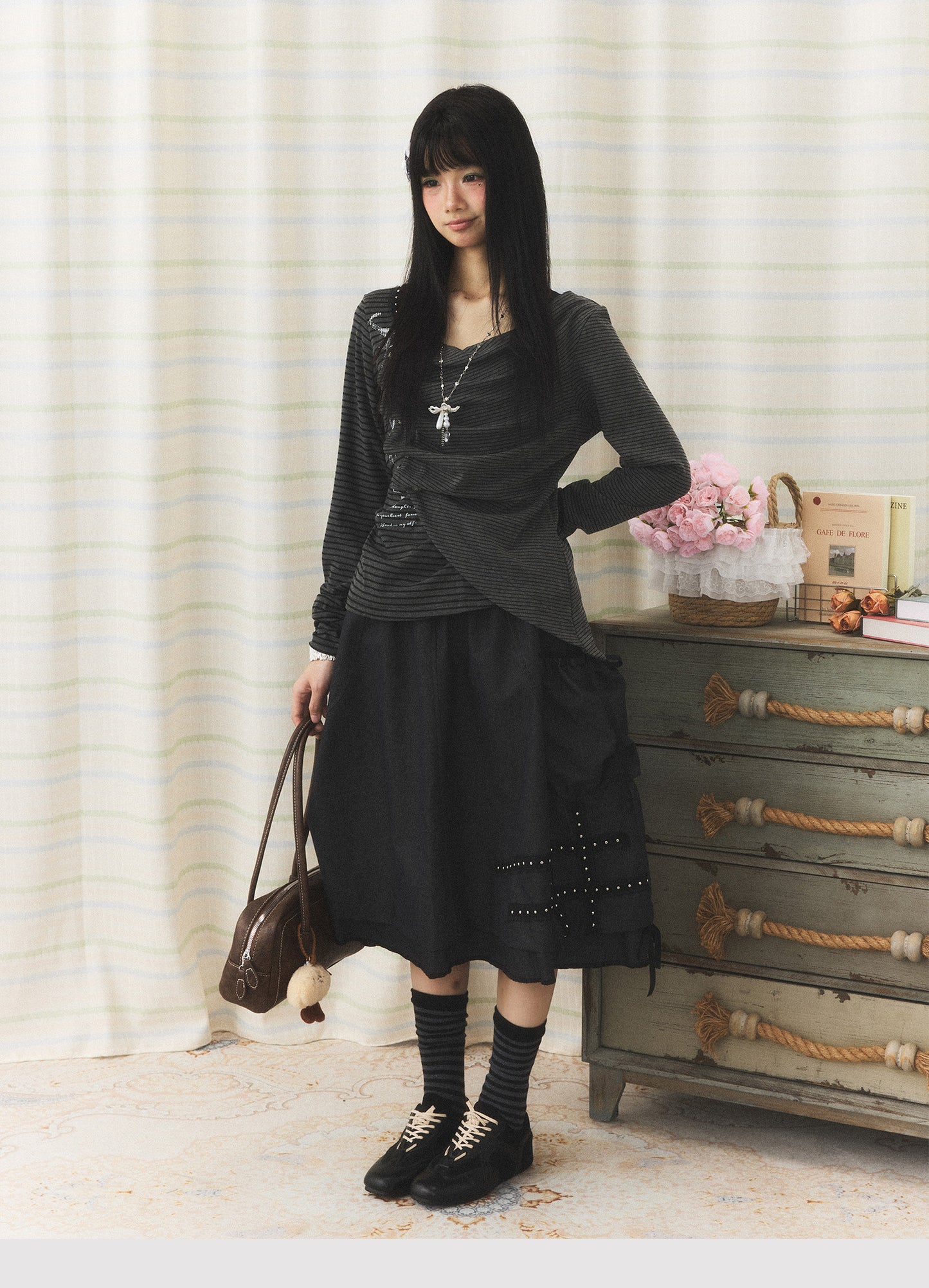 Charcoal Stripe Studded Draped-Neck Long-Sleeve Top