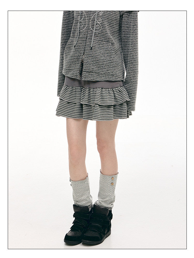 Charcoal Stripe Double-Ruffle A-Line Mini Skirt
