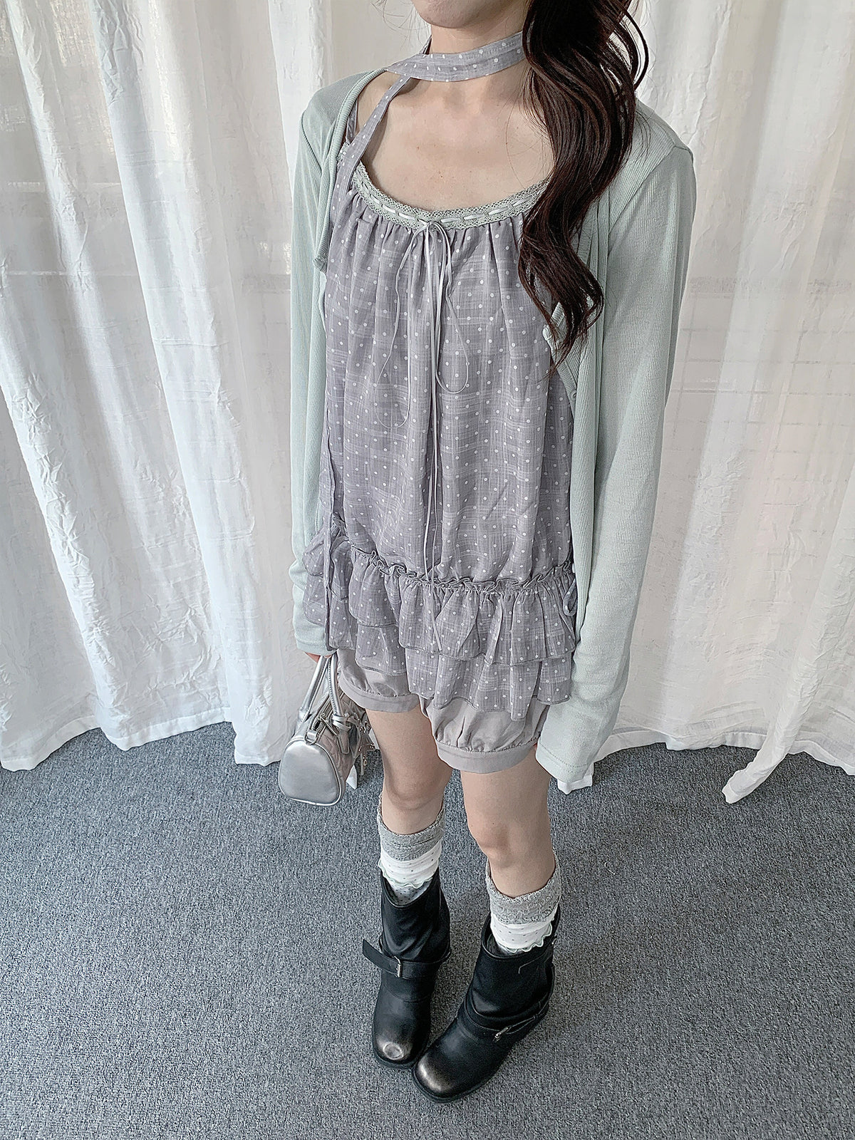 Polka Dot Lace Trim Cami & Cardigan Set