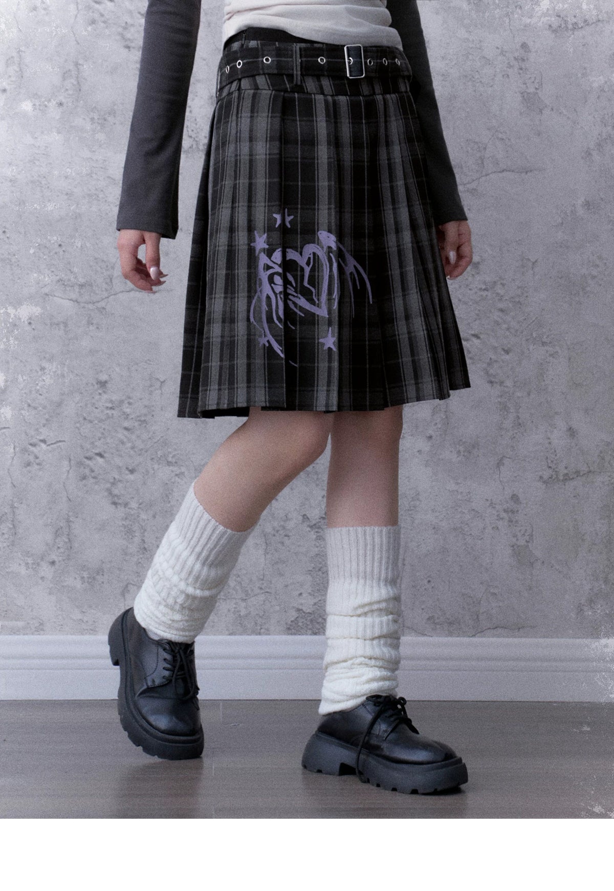 Double-Waist Graphic Plaid Pleated Midi Skirt