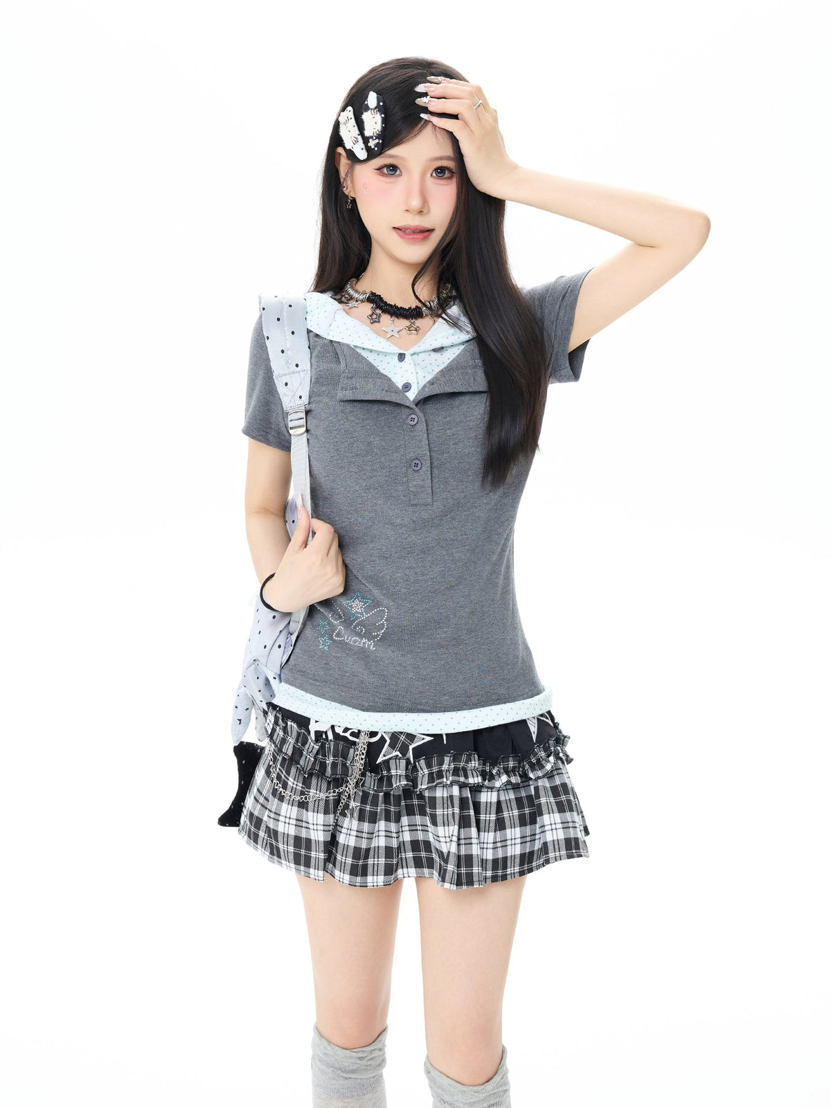 Starry Rhinestone Polka Dot Layered Hood Tee