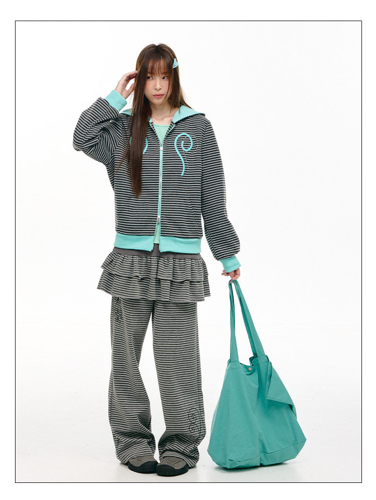 Mint Contrast Stripe Double-Zip Hoodie