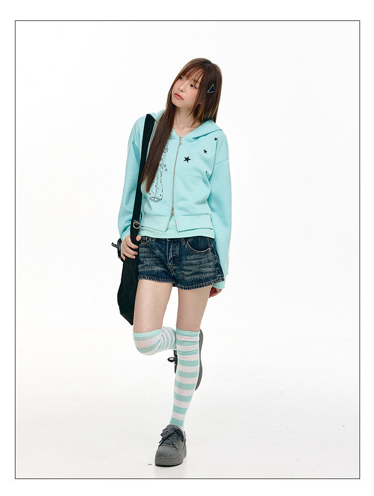 Mint Star Double-Zip Cropped Hoodie