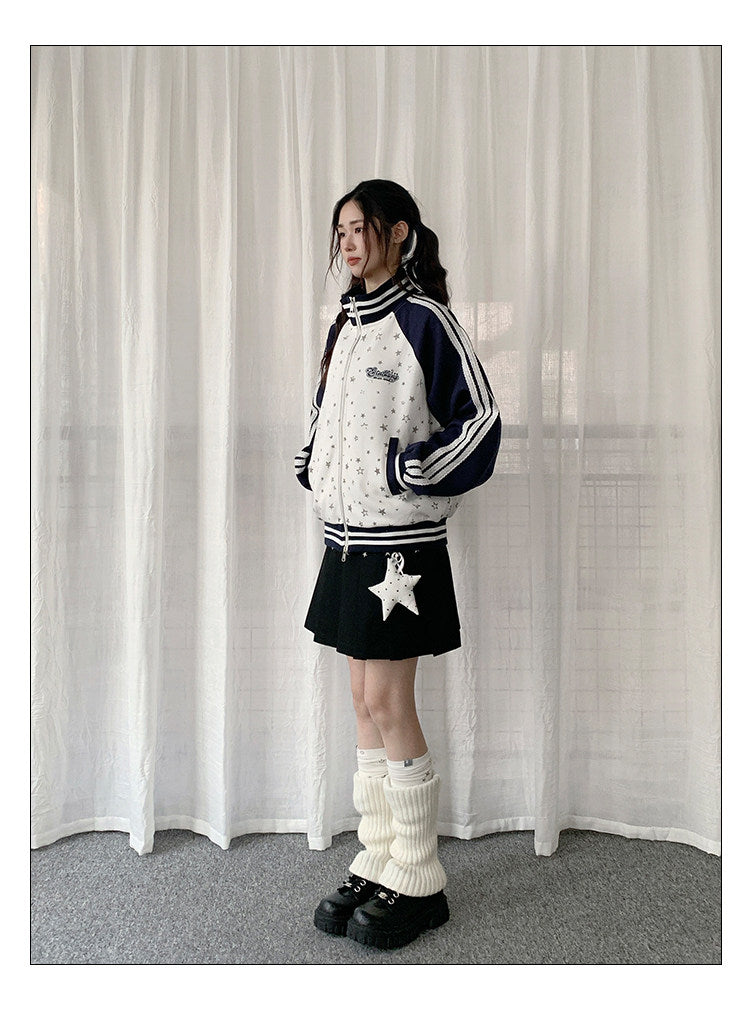 Star Print Contrast Zip-Up Track Jacket