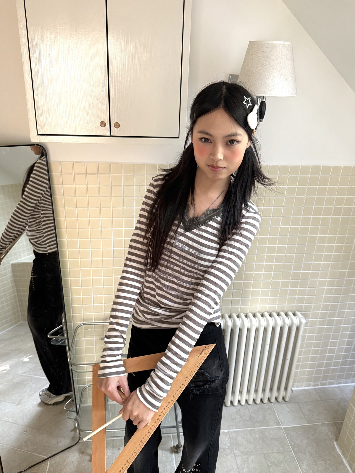 Gray Stripe Lace V-Neck Graphic Long Sleeve Tee