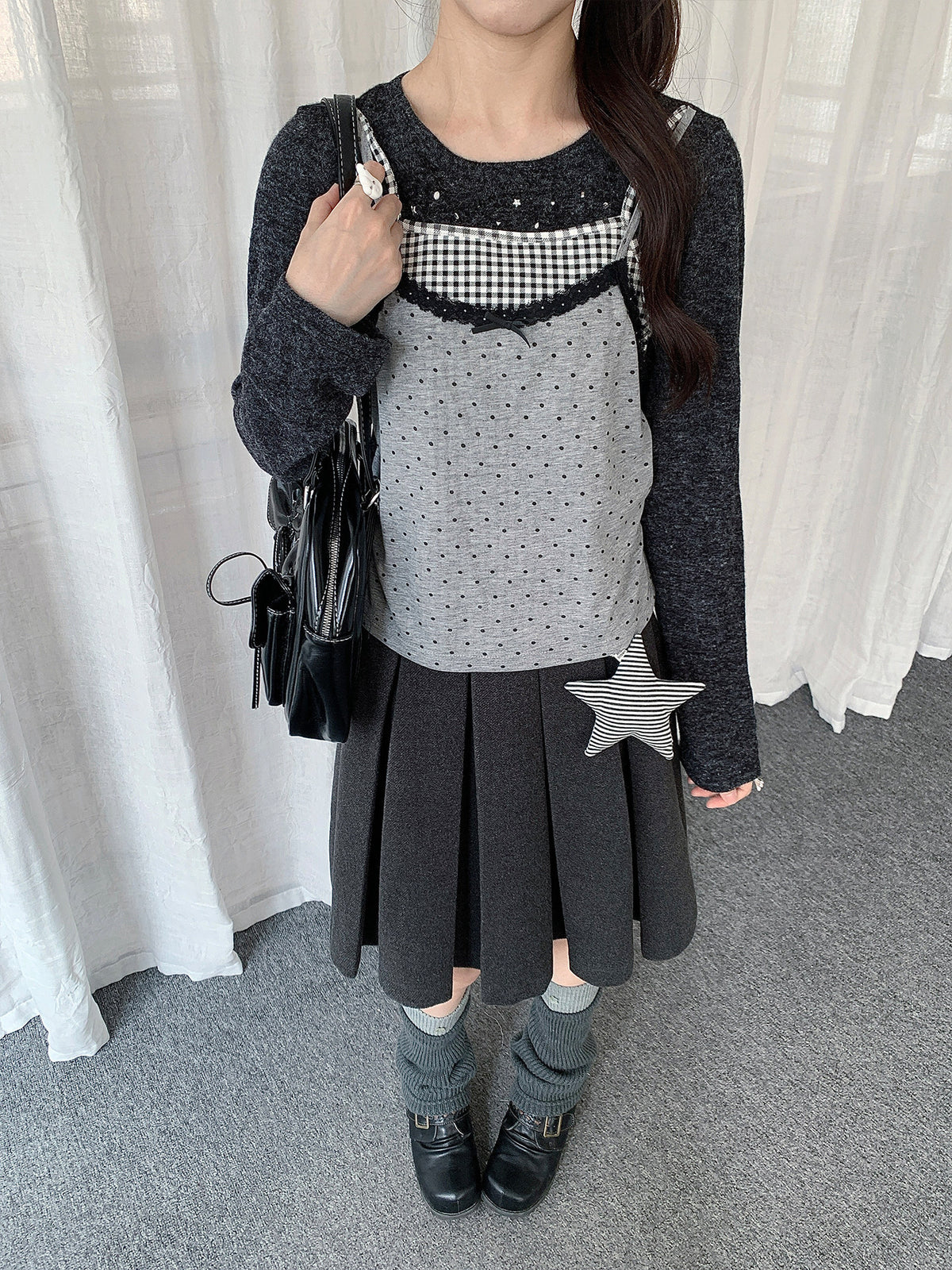Black Gray Layered Gingham Cami Long Sleeve Top
