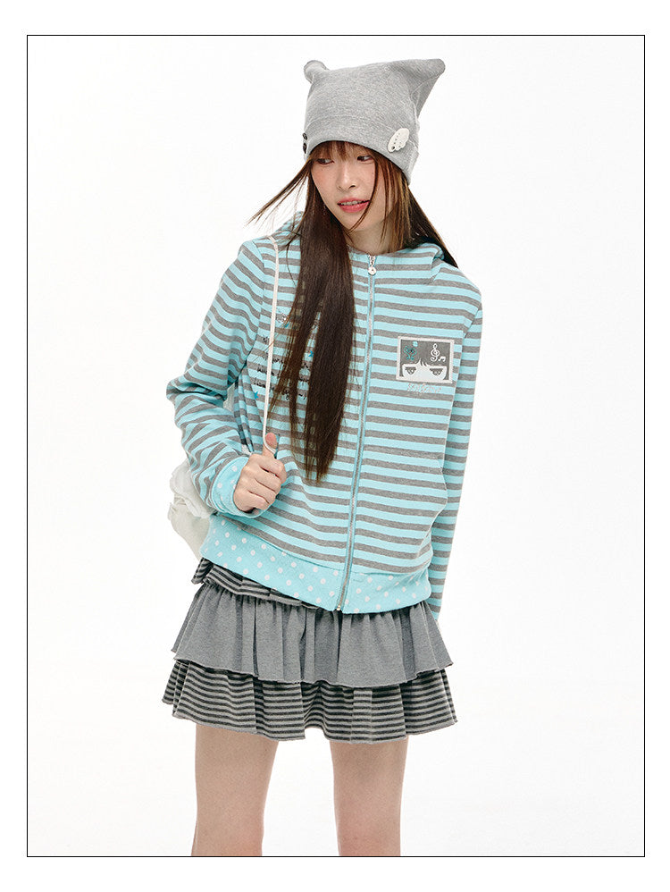 Mint & Gray Stripe Cat-Ear Zip Hoodie