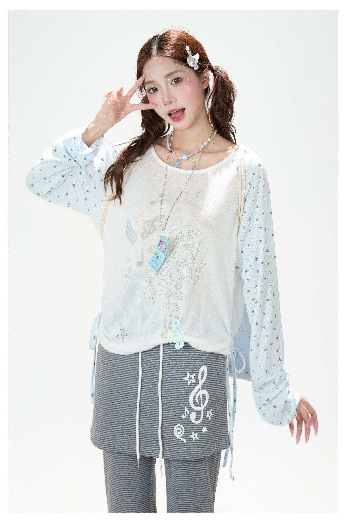 Dreamy Star Raglan Long Sleeve Top & Gray Striped Star Flare Pants