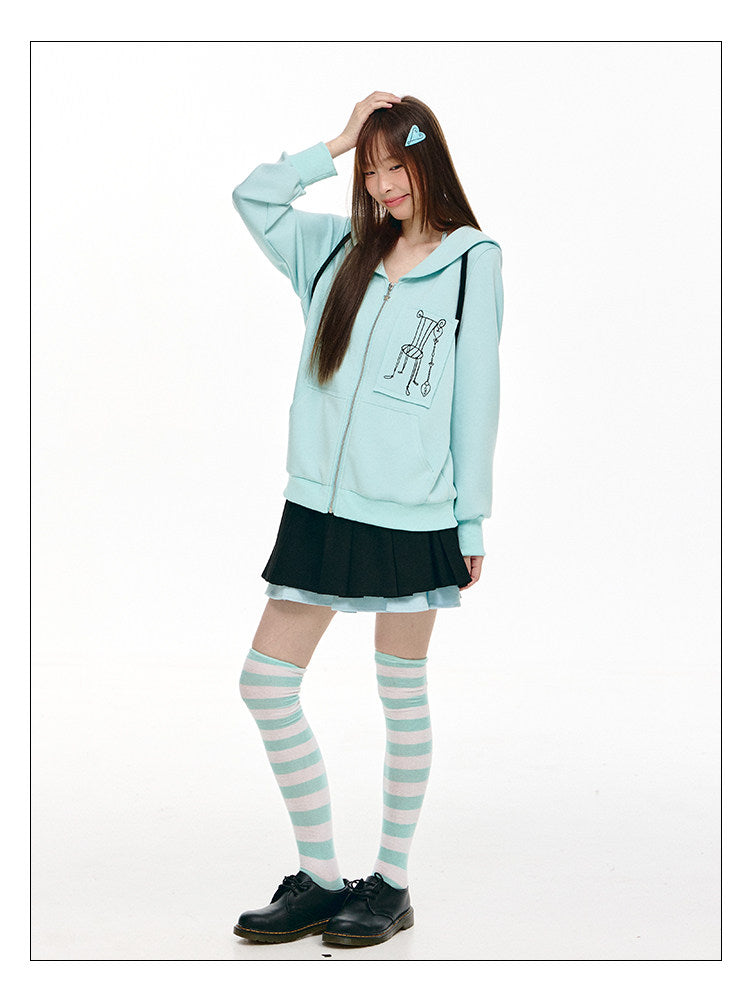Mint Sailor-Collar Graphic Zip-Up Jacket