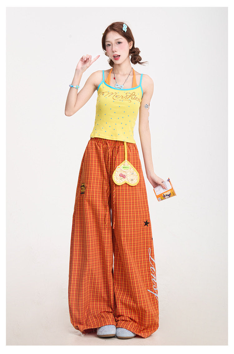Starry Rhinestone Halter Cami & Plaid Wide-Leg Pants