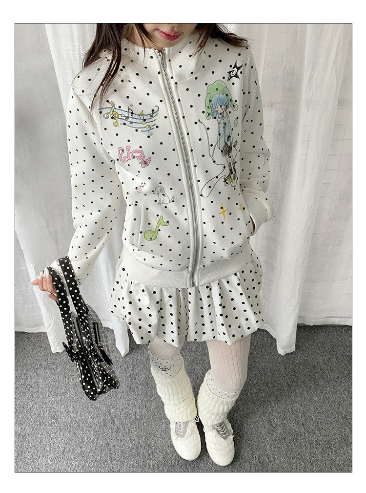 Polka Dot Devil-Horn Cartoon Girl Zip Hoodie
