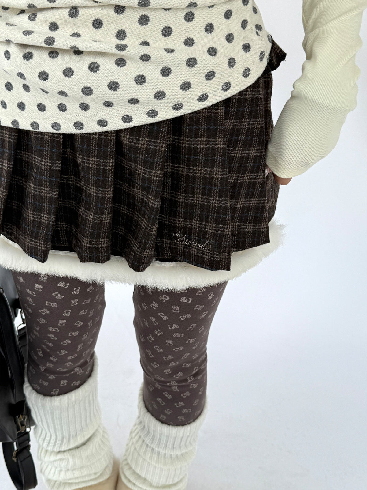 Brown Plaid Fuzzy-Trim Pleated Mini Skirt