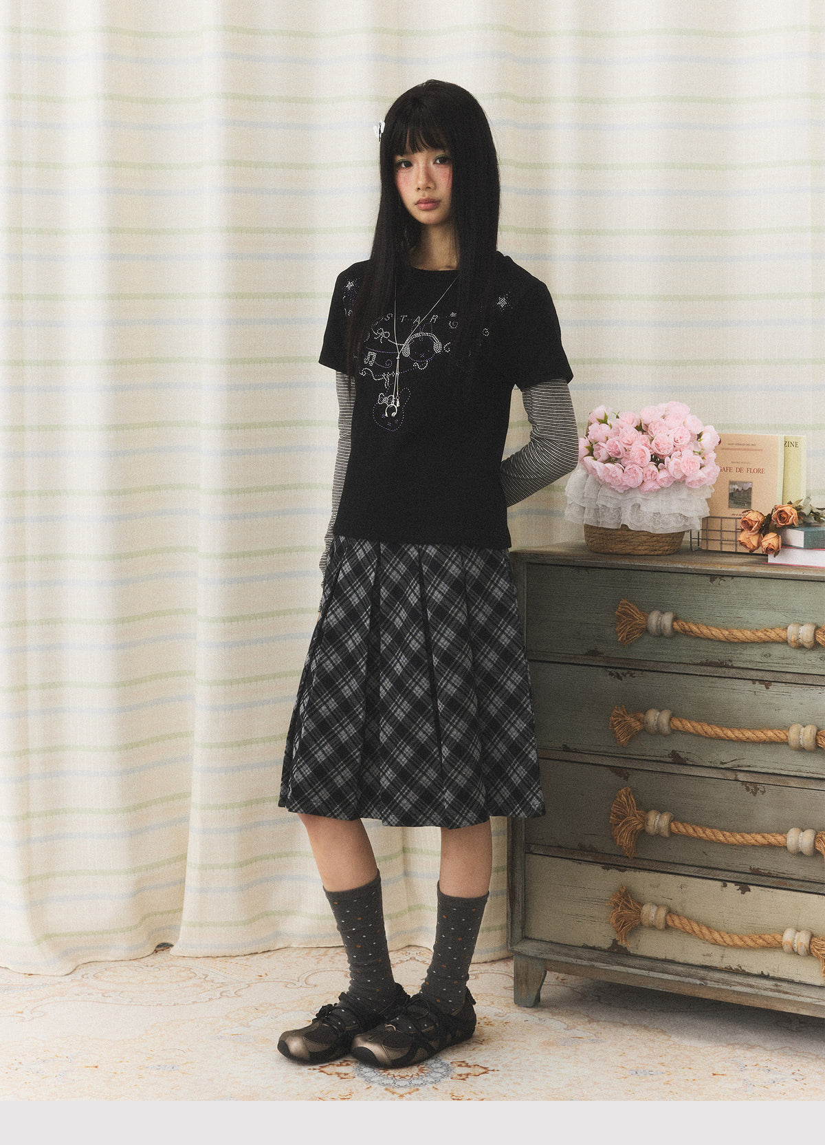 Vintage Plaid Pleated Midi Skirt