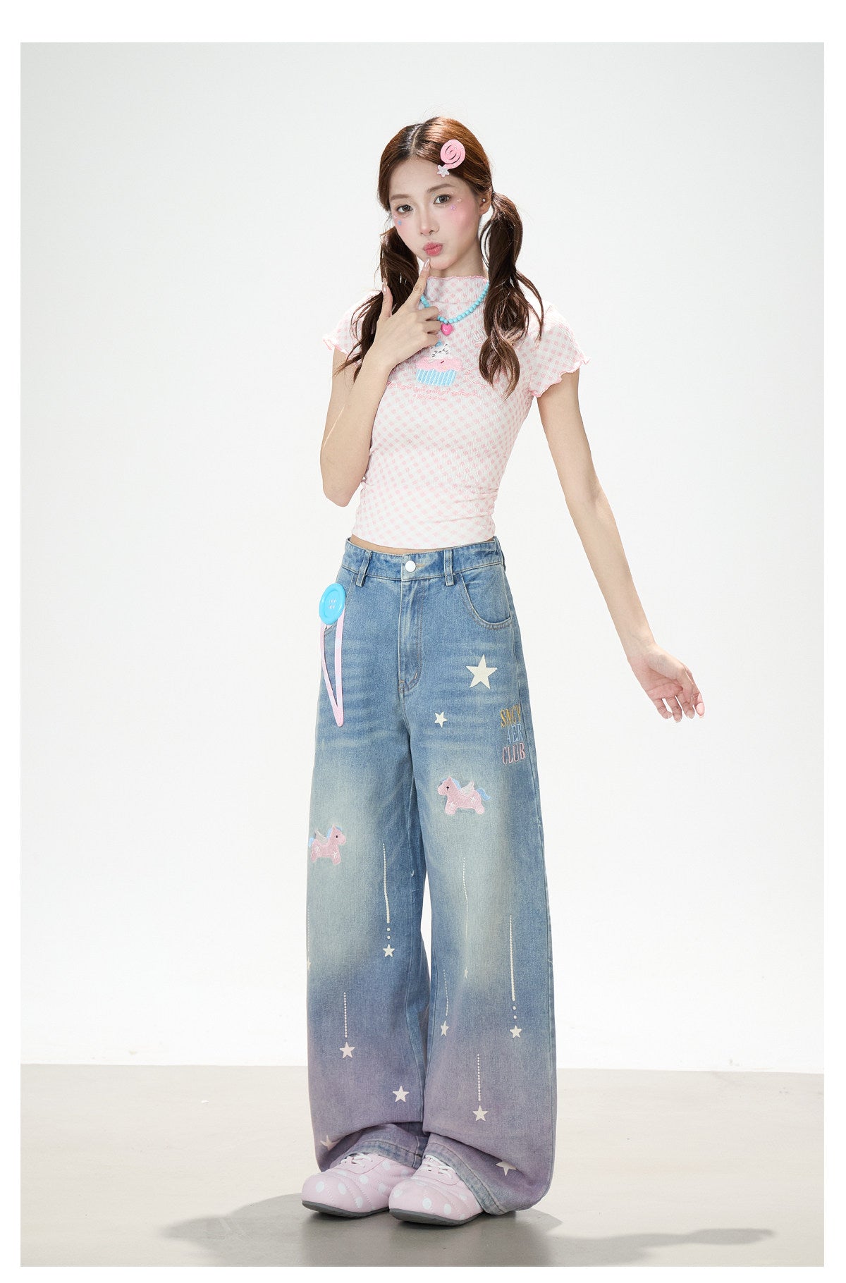 Dreamy Unicorn Star Washed Wide-Leg Jeans