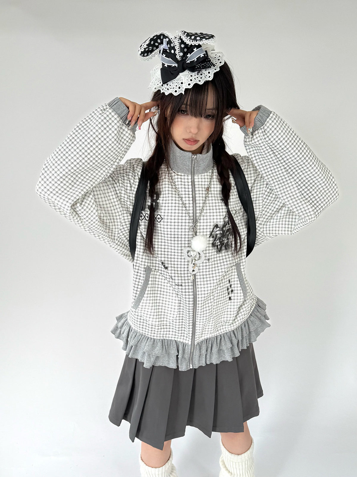 Sugar Check Graphic Ruffle-Hem Zip-Up Jacket