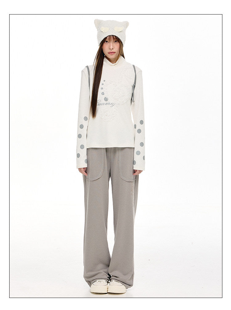 Lace Music Note Appliqué Mock Neck Long Sleeve Top