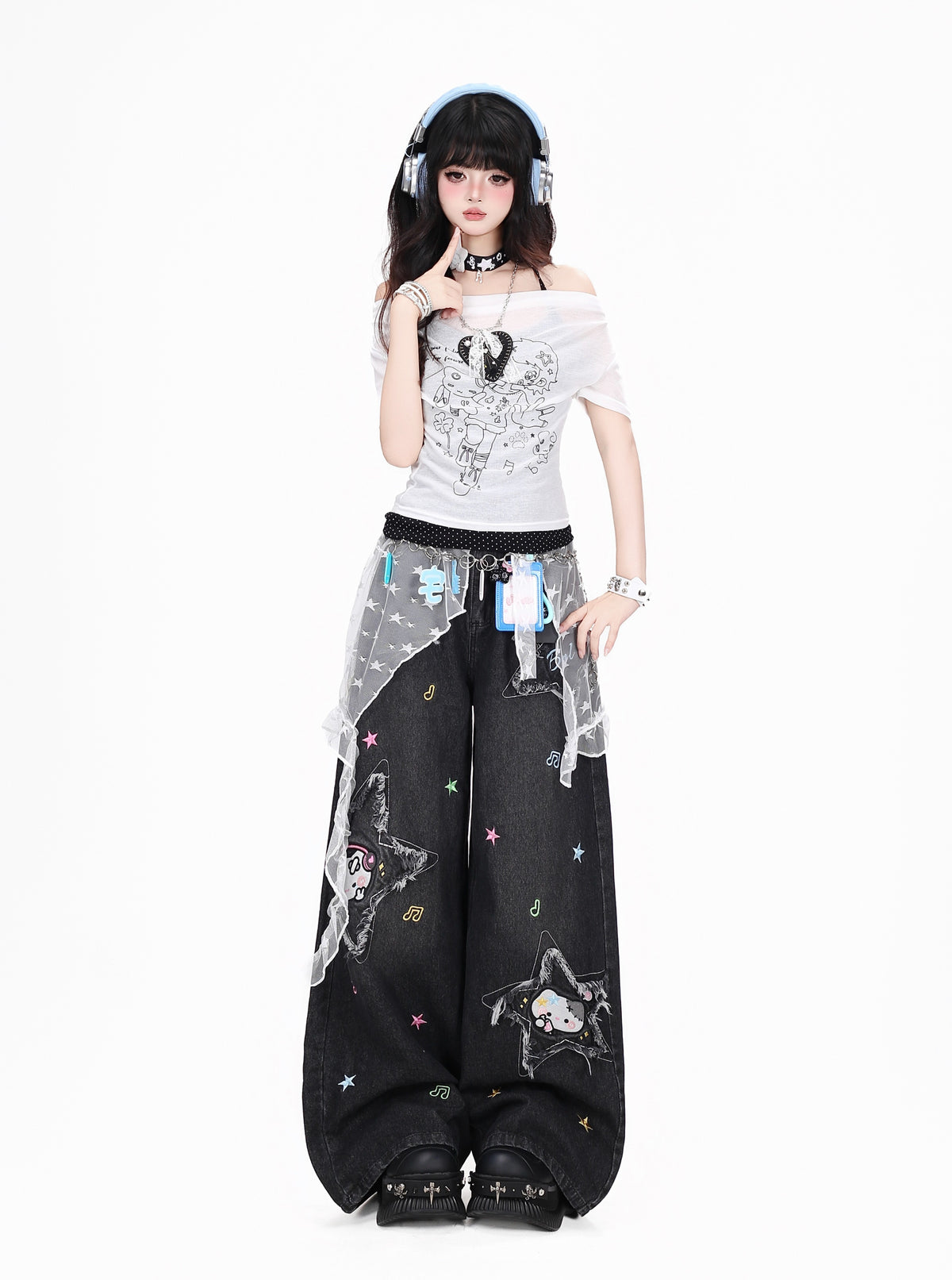Star Cat Patch Wide-Leg Jeans with Card Holder Charm
