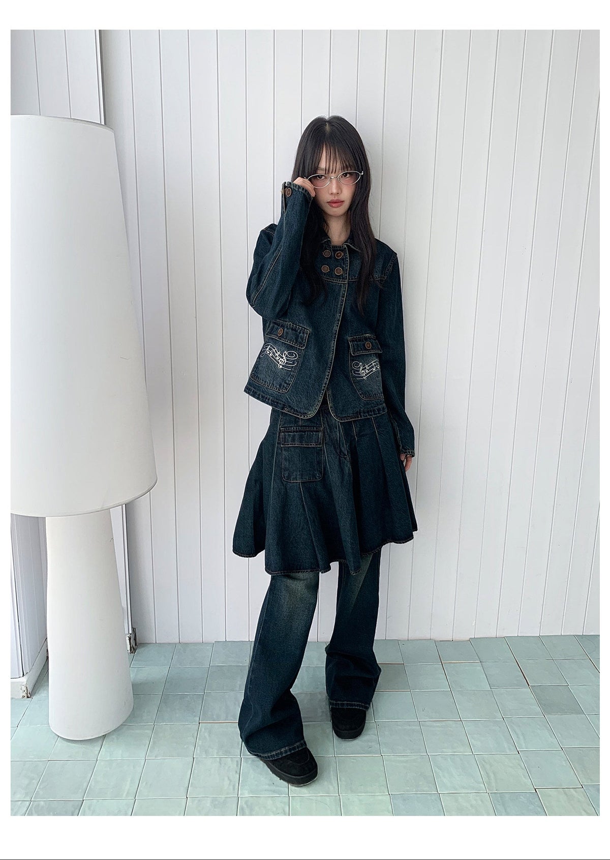 Washed Denim Music-Note Embroidered Jacket