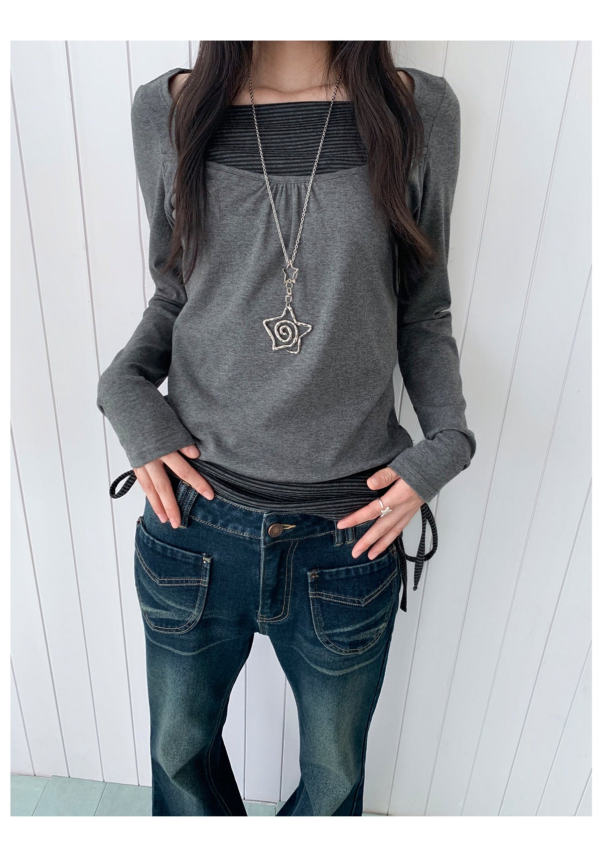 Striped Square-Neck Faux-Layer Drawstring Long Sleeve Top